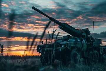 Military vehicle in field at sunset with cannon raised, world war concept