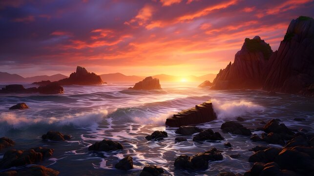 beautiful seascape panorama at sunset with rocks and sea waves