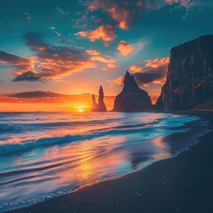 Wall Mural - Unbelievable sunset on Reynisdrangar cliffs in Atlantic ocean. Spectacular summer scene of black sand beach in Iceland, Vik location, Europe. Beauty of nature concept background.