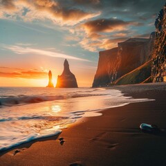 Wall Mural - Unbelievable sunset on Reynisdrangar cliffs in Atlantic ocean. Spectacular summer scene of black sand beach in Iceland, Vik location, Europe. Beauty of nature concept background.