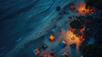 Wall Mural - A captivating aerial view of a beach at night with a string of lanterns illuminating the waters edge, creating a magical atmosphere under the cover of darkness AIG50