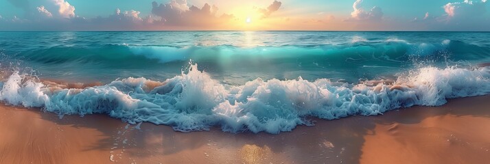 Blue Waves Crashing on Sandy Beach at Sunset