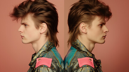 Retro Fashion Portrait of Young Man in Profile View, Mullet Hairstyle, Double Exposure