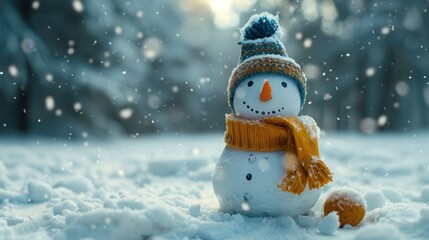 Sticker - Winter Wonderland: Snowman in Forest with Snowfall and Defocused Landscape