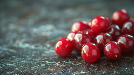 Wall Mural - Close-up of a pile of fresh red cranberries on a rustic surface, highlighting their vibrant color and natural texture.