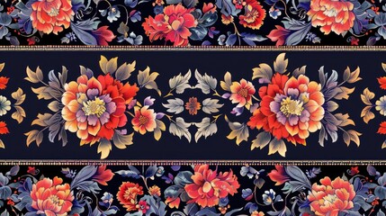 Poster - geometric border seamless motif in digital textile design with ethnic floral and ornamental decorati