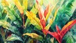 Close up watercolor painting of tropical plants with green yellow and red hues in a garden setting