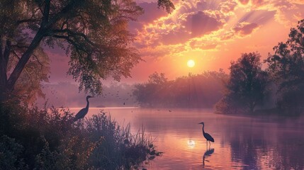 Sticker - heron on lake at sunset
