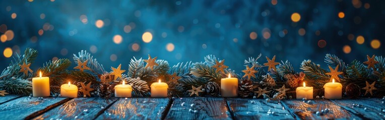 Wall Mural - Festive Christmas Banner with Bokeh Lights and Ice Crystals on Rustic Wooden Boards - Perfect for Advent Decorations and Holiday Backgrounds