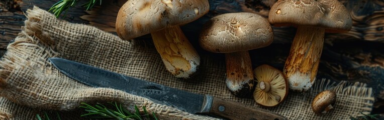 Wall Mural - Forest Mushrooms: Dark Food Photography with Boletus Edulis, Knife and Rosemary Herbs on Jute Sack, Top View on Table