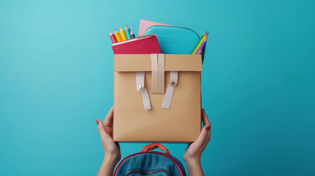 Womens hands holding donation box with backpack full of vibrant school supplies on blue background. Educational donations concept