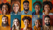 © ArtCraft - Diverse group of happy people. Ten individuals with different ethnic backgrounds and hairstyles smiling against vibrant, colorful backgrounds. For representing diversity, happiness, and social unity.