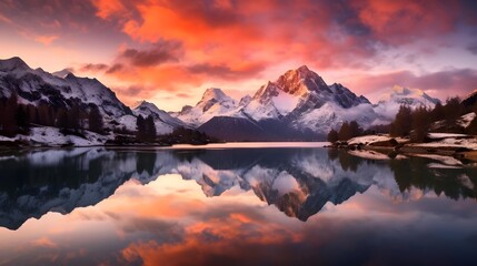 Wall Mural - Panoramic view of snow-capped mountain peaks reflected in lake