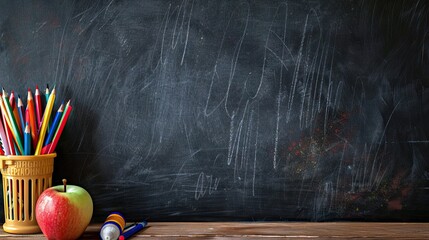 education and back to school concept. pencils stand as bus over wooden desk infront of classroom blackboard. AI generated illustration