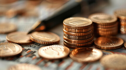 Wall Mural - Close-up of a stack of euro coins placed on financial charts, symbolizing finance and economy.