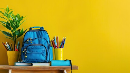 Wall Mural - Backpack with school stationery on wooden table against yellow background, space for text. AI generated illustration