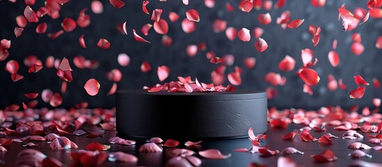 Black product podium placement on dark background with rose petals falling on it AI generated