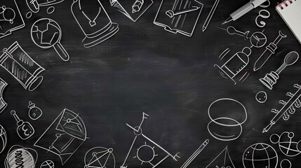 Creative educational sketch on blackboard background with copy space. Education and knowledge concept. AI generated illustration