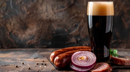 Wall Mural - Glass of dark beer, sausages and sliced onion with copy space for text