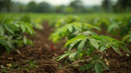 Wall Mural - Cassava leaves on farmland with copy space in focus