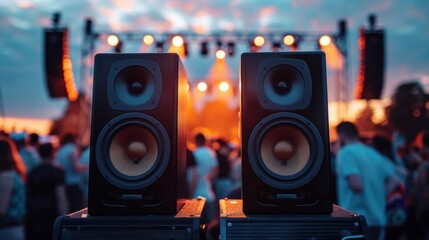 Two large speakers at an outdoor concert with a blurred crowd and stage lights in the background, captured during dusk.