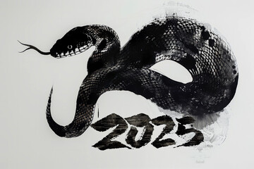 Wall Mural - a snake painted in chinese style black brush strokes with year 2025. Chinese new year