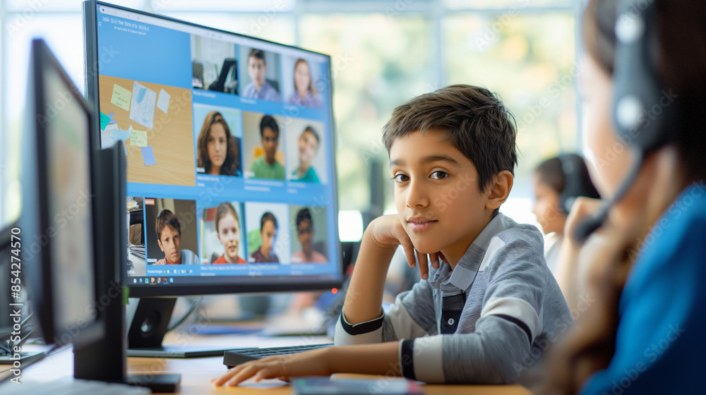 A young boy sits at a desk in a classroom setting, intently focused on ...