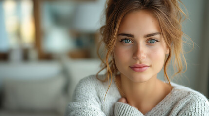 Beautiful woman with blue eyes and brown hair posing indoors. Generative ai