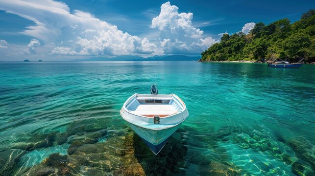 Boat in turquoise ocean water against blue sky with white clouds and tropical island. Natural landscape for summer vacation, AI generated