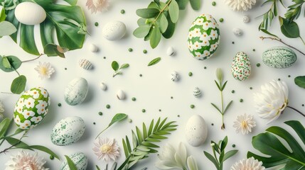 Sticker - Card featuring plants environmental elements and Easter decorations on a white background