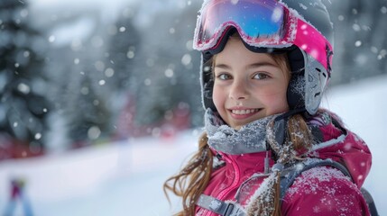 A young girl in pink ski attire smiles gently against a winter sports background covered in snow