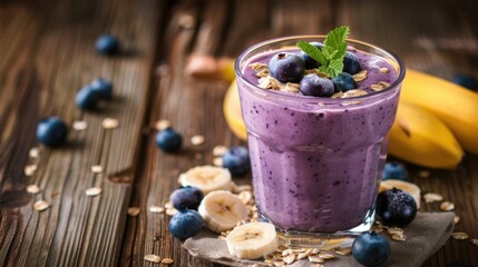 Wall Mural - Blueberry and banana smoothie with oatmeal on wooden table focus on it space for text