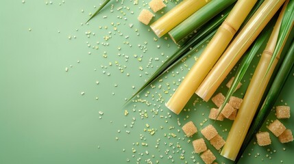 Wall Mural - Cane sugar displayed on a green surface from above with space for text