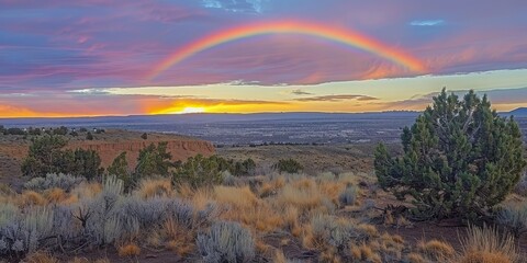 Wall Mural - Stunning panoramic desert landscape at sunset, featuring a brilliant rainbow arching across a colorful sky over a serene, shrub-covered terrain