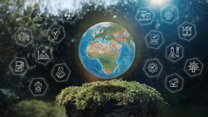 Wall Mural - earth africa global ecological green energy icons hexagon concept mos on tree stump nature backgroun