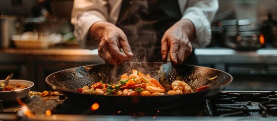 A chef is cooking food in a wok with steam coming out of it