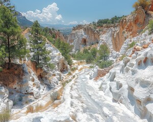 Sticker - Stunning view of white canyon landscape with rugged terrain, pine trees, and clear blue sky, perfect for nature and hiking enthusiasts