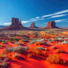 Canvas Print - Stunning Monument Valley Desert Landscape with Iconic Buttes, Red Sand Dunes, and Clear Blue Sky in the American Southwest