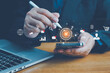 © pornnipa - Digital marketing, close up on man hand using tab pad on laptop to working about futuristic of social media marketing icon for internet network technology and business concep. online marketing.
