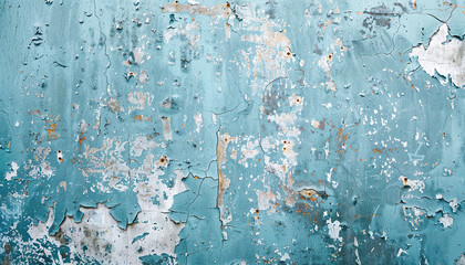Wall Mural - Grunge old weathered cyan wall with cracks texture background wallpaper. Backdrop, light blue, abstract, tattered, artistic street concrete, cement, detailed composition