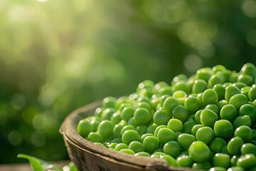 Wall Mural - Fresh green peas in a wooden bowl on green bokeh background