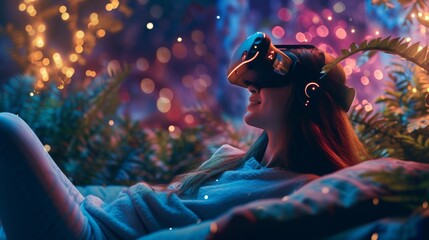 Wall Mural - A female is sitting in sofa at home enjoying a virtual fantasy world with glowing butterflies when wearing VR headset.