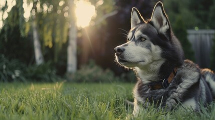 Wall Mural - Portrait of a Husky dog in outdoor park lawn