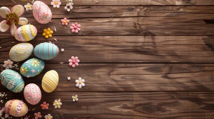 Wall Mural - beautiful easter eggs with colorful patterns decoration on wooden table