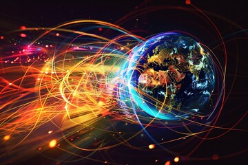 Poster - Earth with Colorful Light Trails.