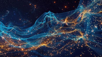 A computergenerated image of a vibrant electric blue and orange wave floating in space, creating a mesmerizing pattern against the darkness of the universe AIG50