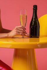 Wall Mural - A woman is sitting at a table with a bottle of champagne and a glass