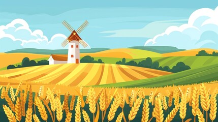 Wall Mural - Farm house and windmill over wheat field in farm land.