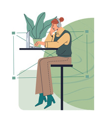 Poster - business activity. woman freelancer works online on internet, communicates with clients and performs