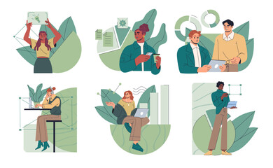 Poster - Set of people doing business activities. Office workers communicate with colleagues, discuss growth strategies, brainstorm and complete tasks. Flat vector illustrations isolated on background